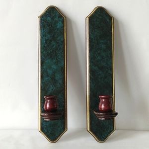 Home Interiors long marbled green and mahogany candleholders